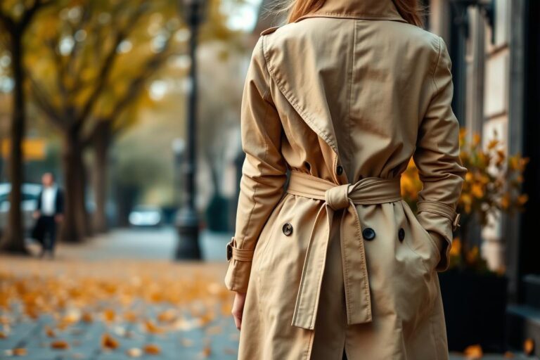 Beżowy płaszcz na jesień typu trencz z paskiem w talii