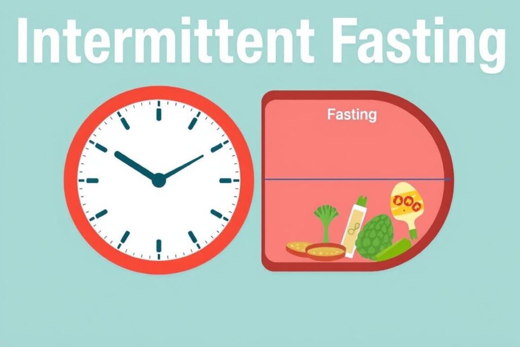 Ilustracja przedstawiająca zasadę postu przerywanego z zegarem pokazującym okresy jedzenia i postu Ilustracja przedstawiająca zasadę postu przerywanego z zegarem pokazującym okresy jedzenia i postu