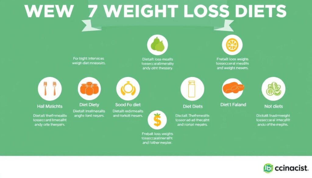 Infografika przedstawiająca 7 diet odchudzających i ich główne cechy Infografika przedstawiająca 7 diet odchudzających i ich główne cechy