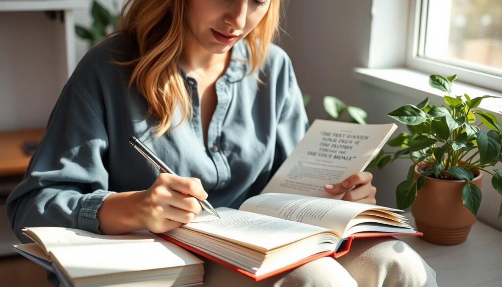 Kobieta robiąca notatki podczas czytania książki motywacyjnej Kobieta robiąca notatki podczas czytania książki motywacyjnej
