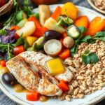 Kolorowy talerz z dietą śródziemnomorską zawierający warzywa, oliwę z oliwek i ryby