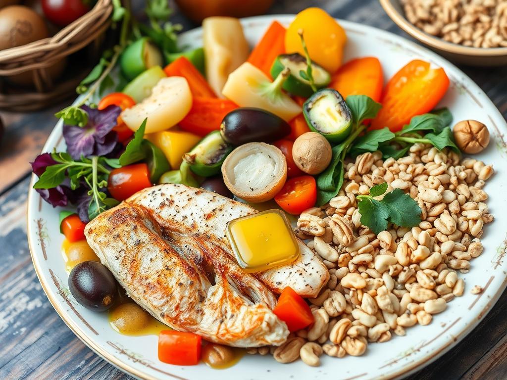 Kolorowy talerz z dietą śródziemnomorską zawierający warzywa, oliwę z oliwek i ryby