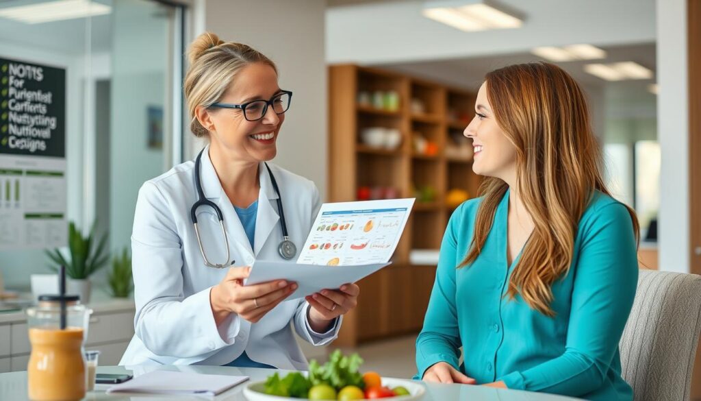 Osoba konsultująca się z dietetykiem na temat wyboru odpowiedniej diety odchudzającej Osoba konsultująca się z dietetykiem na temat wyboru odpowiedniej diety odchudzającej