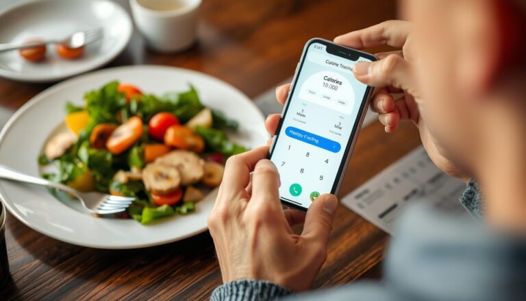 Osoba korzystająca z aplikacji do liczenia kalorii na smartfonie podczas posiłku