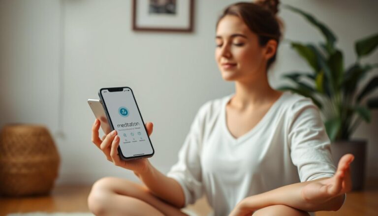 Osoba medytująca z telefonem wyświetlającym aplikację do medytacji i relaksu