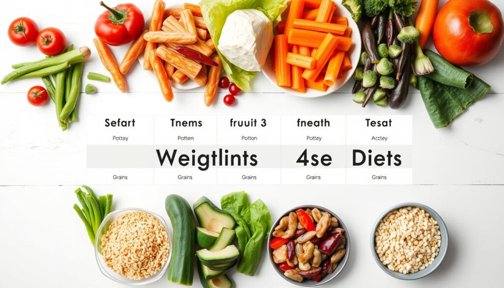 Porównanie 7 najpopularniejszych diet odchudzających na stole z różnymi produktami spożywczymi Porównanie 7 najpopularniejszych diet odchudzających na stole z różnymi produktami spożywczymi