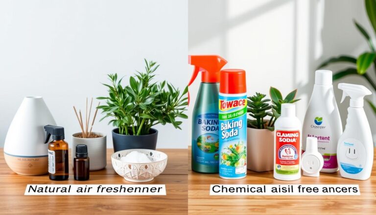 Porównanie naturalnych i chemicznych odświeżaczy powietrza na drewnianym stole