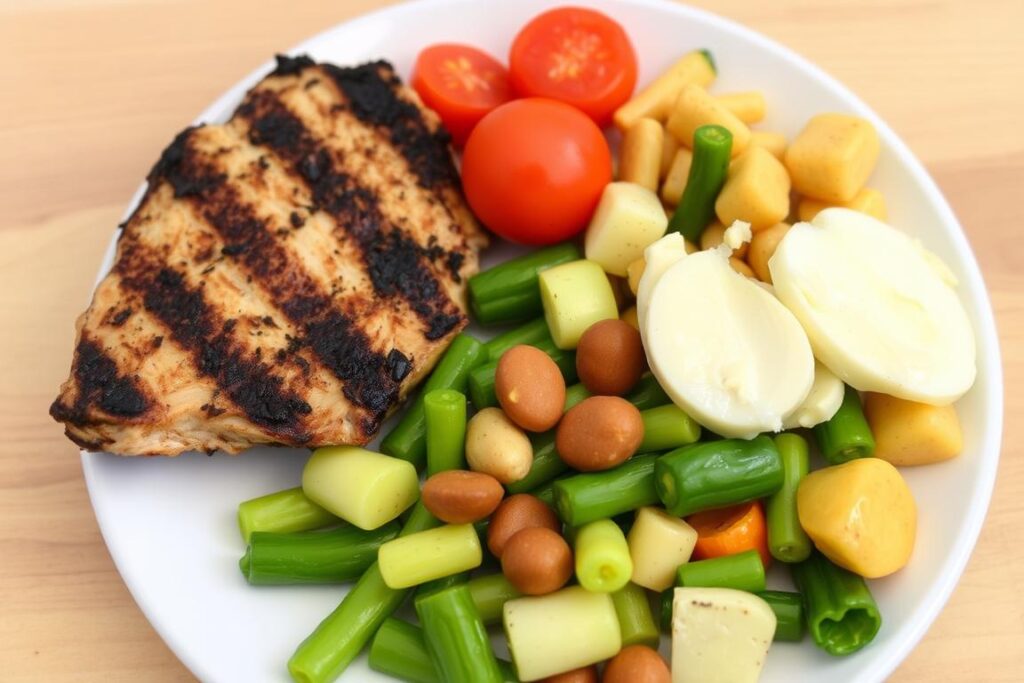 Posiłek niskowęglowodanowy z dużą ilością białka i warzyw niskoskrobiowych Posiłek niskowęglowodanowy z dużą ilością białka i warzyw niskoskrobiowych