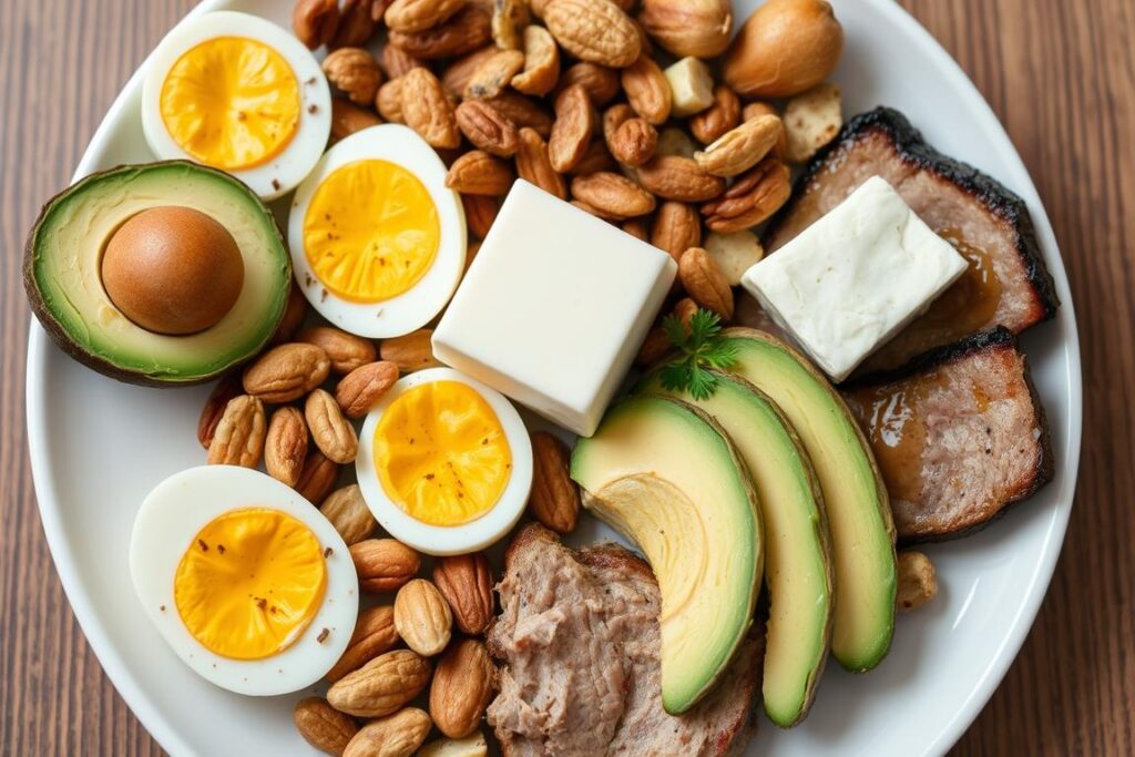 Posiłek w diecie ketogenicznej z dużą ilością zdrowych tłuszczów i minimalną ilością węglowodanów Posiłek w diecie ketogenicznej z dużą ilością zdrowych tłuszczów i minimalną ilością węglowodanów