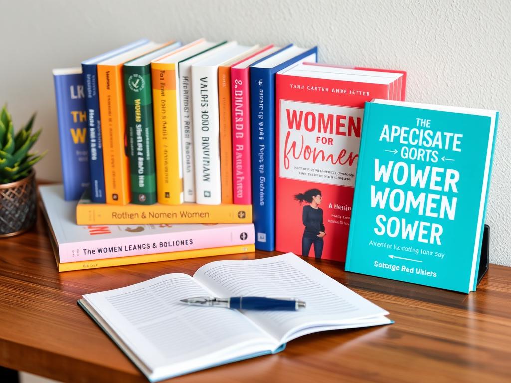 Różnorodne książki motywacyjne dla kobiet ułożone na biurku Różnorodne książki motywacyjne dla kobiet ułożone na biurku