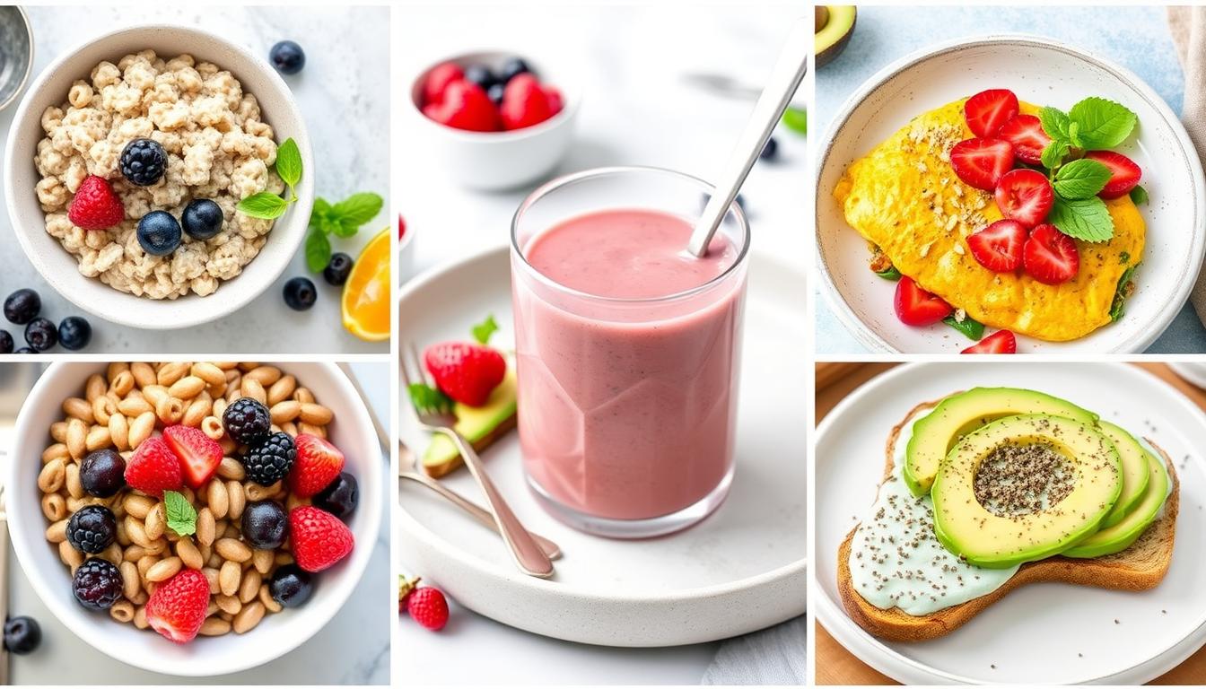 Zdrowe śniadania na diecie - kolaż pięciu różnych propozycji śniadaniowych