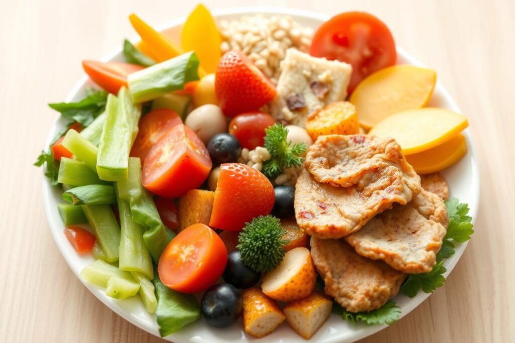 Zdrowy posiłek zgodny z dietą DASH bogaty w warzywa, owoce i produkty pełnoziarniste Zdrowy posiłek zgodny z dietą DASH bogaty w warzywa, owoce i produkty pełnoziarniste